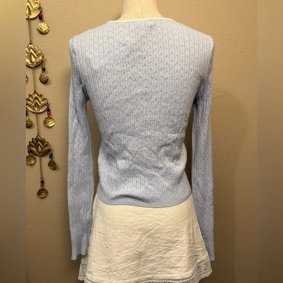 NWT No Comment Baby Blue Babydoll Cropped Tie Front Eyelet Cardigan Size Medium - Picture 3 of 7